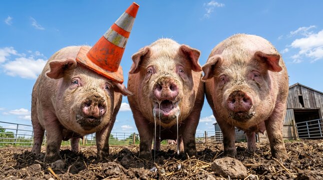 Low-angle absurd close-up of three pigs with humorous expressions in bright sunny farm scene