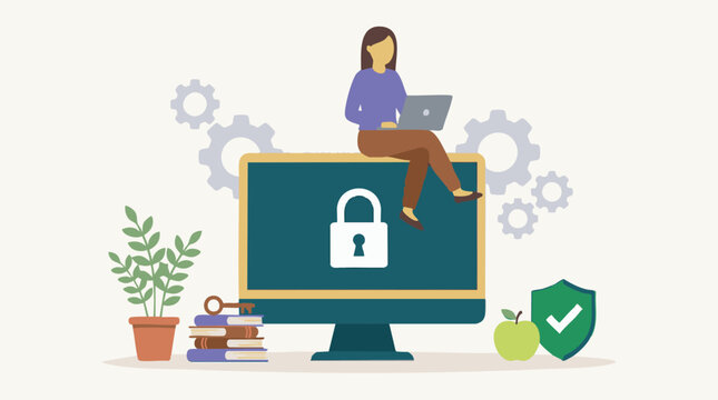 Data protection and online security with user working on computer
