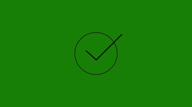 green check mark icon in black circle animation on white background 4k video.