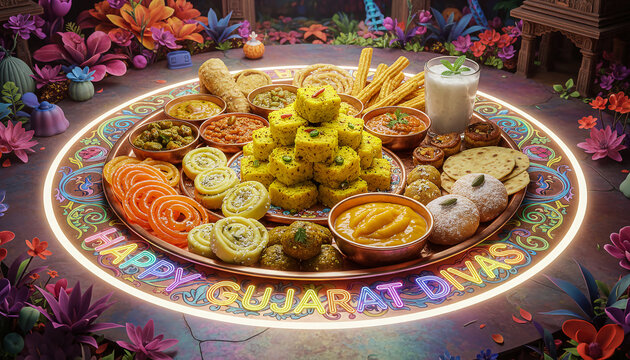 A vibrant Gujarati food platter showcasing traditional sweets, snacks, and savory delights, beautifully arranged with festive colors, and authentic flavors celebrating Gujarat&rsquo;s culinary heritage.