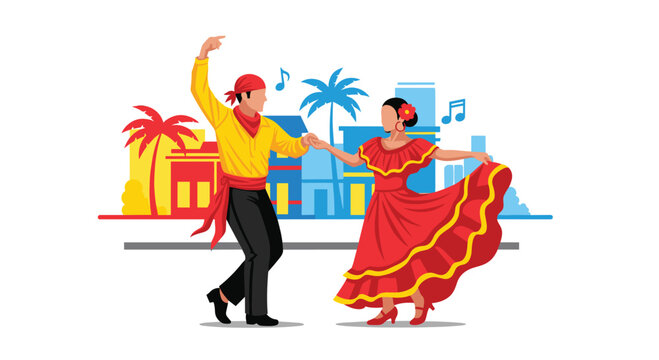 Two traditional dancers perform a vibrant folk routine in front of a colorful stylized cityscape featuring bright buildings and tropical green palm trees.