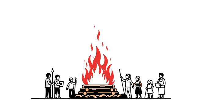 People gathered around a roaring bonfire in a minimalist illustration.