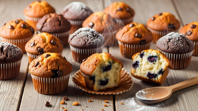 Assorted Freshly Baked Blueberry and Chocolate Chip Muffins on Wood