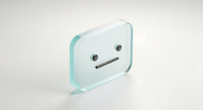 frosted glass square with simple neutral face icon, emotionless expression, rounded corners, studio lighting, clean design element