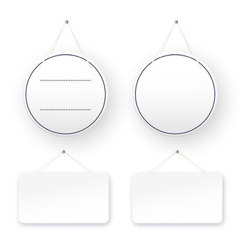 White round shop door signs hanging isolated on transparent background. Empty or blank sign for store, restaurant or cafe. Vector
