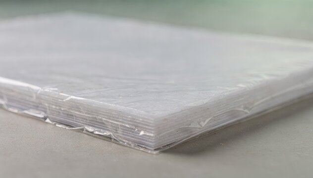 Medium framing of paper laminated with a starch blend film emphasizing biodegradable material application for environmentally responsible packaging solutions.