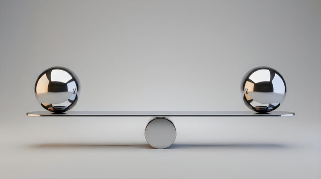 Minimalist chrome balance scale with metal spheres, polished steel balls on seesaw, conceptual equilibrium and stability metaphor