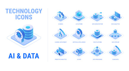 Naklejka na ściany i meble Technology icons set for AI and Data workflow diagram - AI platform, artificial intelligence, predictive data analytics, AI model, cloud - high quality isometric vector isolated on white background