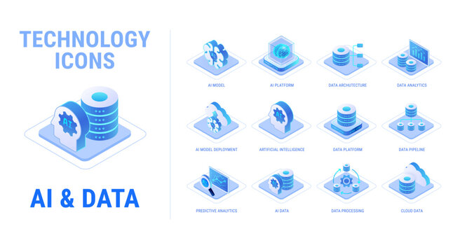Technology icons set for AI and Data workflow diagram - AI platform, artificial intelligence, predictive data analytics, AI model, cloud - high quality isometric vector isolated on white background