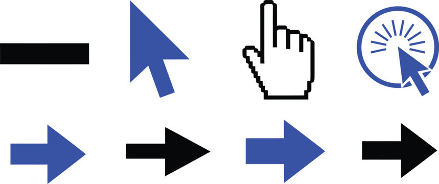 Digital technology interface cursor icons hand pointer and navigation arrows for user interaction and system control