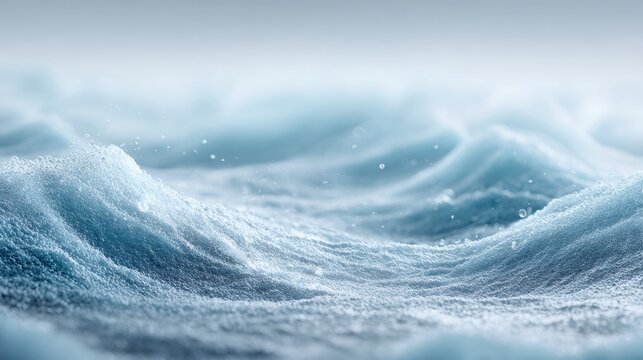 Macro view of soft snowdrifts with sparkling ice crystals in cold blue winter light
