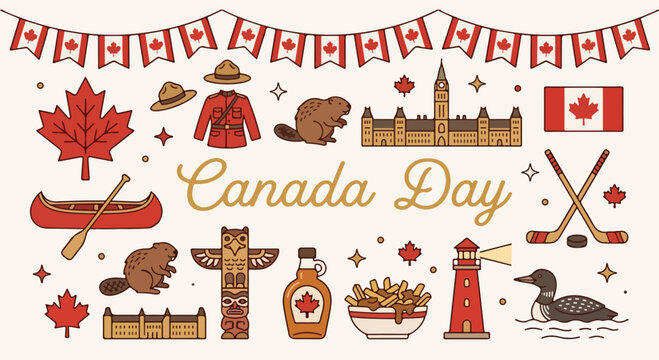 Canada Day vector icon set with Canadian symbols maple leaf beaver maple syrup hockey and parliament building flat illustration