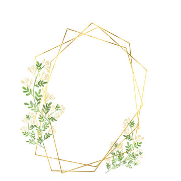 Metallic Gold Polygon Frame with White Floral Accents on Transparent Background. A sophisticated metallic gold polygon frame featuring delicate white floral and greenery accents
