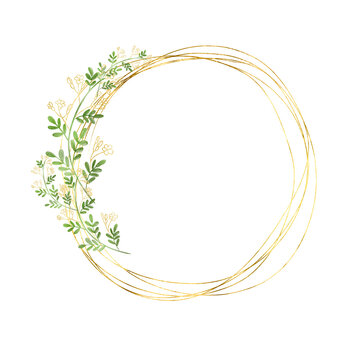 Metallic Gold Circular Frame with Delicate White Floral Accents on Transparent Background. A sophisticated metallic gold circular frame with delicate white floral accents