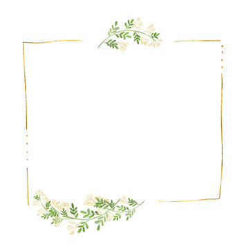 Metallic Gold Dashed Square Frame with White Floral Accents on Transparent Background. A sophisticated metallic gold dashed square frame adorned with delicate white floral accents