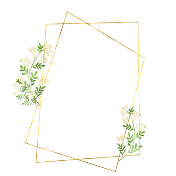 Metallic Gold Geometric Frame with Diagonal White Floral Accents on Transparent Background.Metallic gold geometric frame featuring elegant diagonal floral accents, isolated on a transparent background