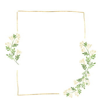 Metallic Gold Geometric Square Frame with White Floral Accents on Transparent Background. A sophisticated metallic gold geometric square frame adorned with delicate white floral accents