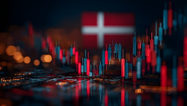 Abstract financial screen showing danish flag in distance with glowing candlestick patterns for nordic economic analysis and professional trading presentation regarding scandinavian markets.