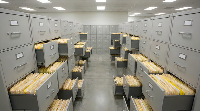Industrial metal filing cabinets in office archive, open drawers with manila folders, grey steel document storage system for records management