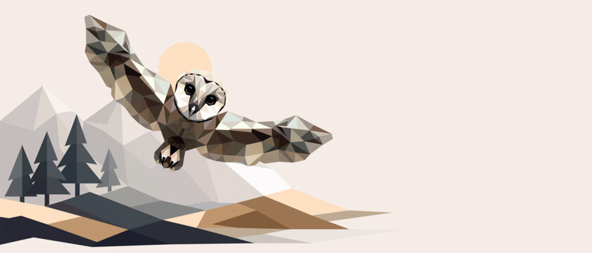 Geometric owl banner low poly vector with copy space. Minimalist bird design with clean polygon shapes. Ideal for branding, web banners, posters and marketing materials