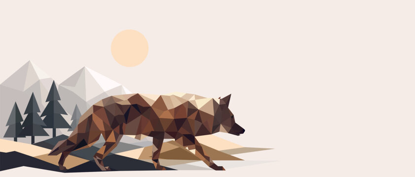 Geometric wolf banner low poly vector with copy space. Minimalist animal design with clean polygon shapes. Ideal for branding, web banners, posters and marketing materials