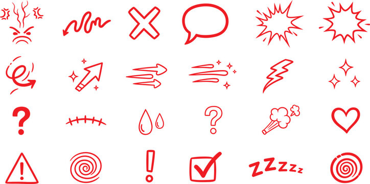 Colorful collection of expressive red outline icons and symbols Vector, illustration