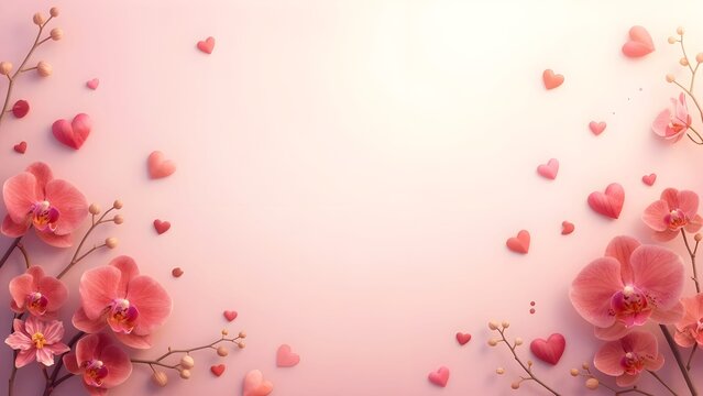 Fondo romantico con orquideas y corazones con espacio texto.