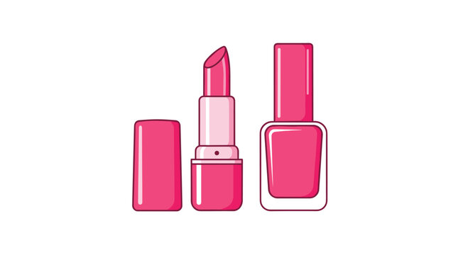 A set of coordinated pink cosmetics including an open lipstick tube and a bottle of nail lacquer are displayed in a clean vector illustration style.