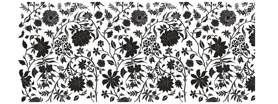 Traditional floral batik pattern in black and white.Seamless-style decorative floral motif featuring various flowers, vines, and leaves. Ornate black ink silhouette on a white background