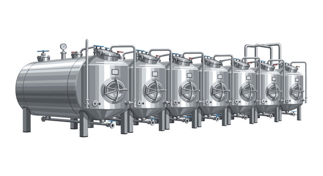 A long perspective row of identical polished stainless steel fermentation tanks features circular access hatches and blue valves on a plain white background.