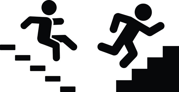 Two figures running up and down a set of stairs in contrasting styles