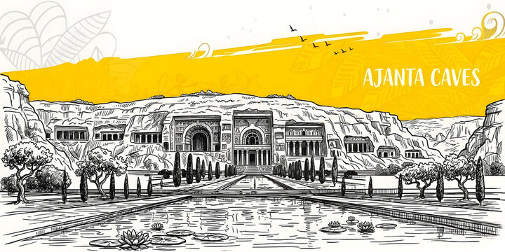 Artistic Ajanta Caves Wall Art: Hand-Drawn Line Illustration of the Maharashtra Landmark with Vibrant Yellow Watercolor Accents, Floral Details, and Elegant Architectural Sketch for Graphic Decor.
