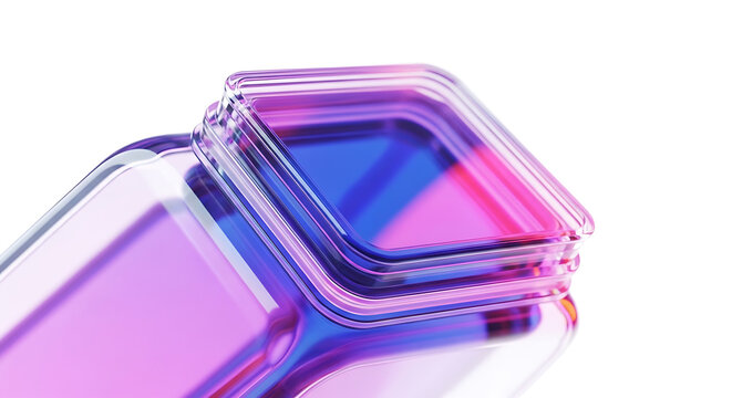 Stack of translucent square-shaped objects with rounded corners, reflecting vibrant pink and blue colors, abstract geometric background