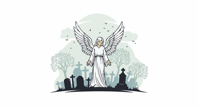 A serene angel stands in a misty graveyard amidst bare trees and circling birds