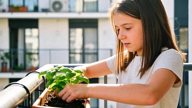 Young girl planting green basil herb in a window box on an apartment balcony, urban gardening and sustainable living at home for environmental education and hobby