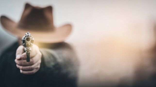 A cowboy stands in an old west town, pointing his gun directly ahead with a serious expression. The atmosphere is charged with tension and anticipation, capturing the essence of western folklore