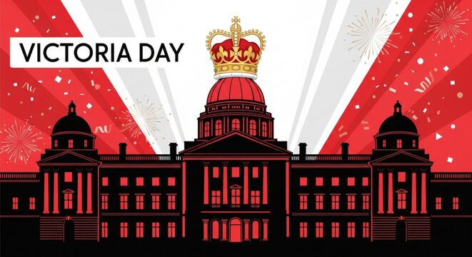 Celebratory victoria day visual with red and white fireworks crown symbol and silhouette of grand parliament building