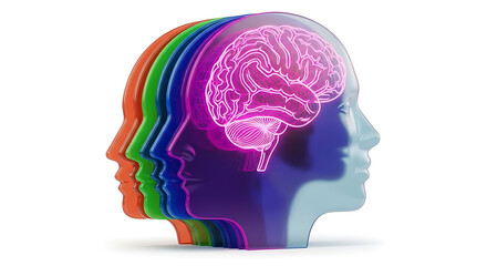 Obraz premium Layered human head profiles with glowing neon pink brain, representing interconnected thoughts, neural network, and artificial intelligence concepts