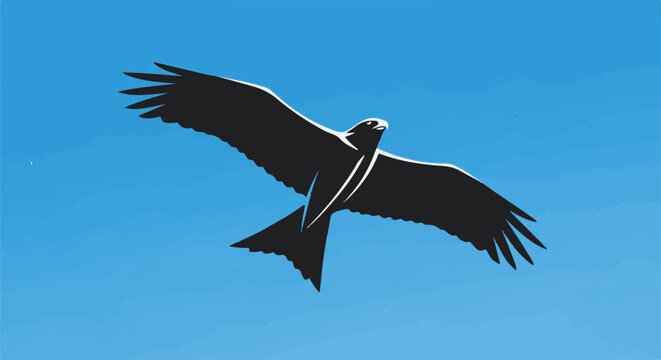A silhouette of a bird of prey soars gracefully across a clear blue sky