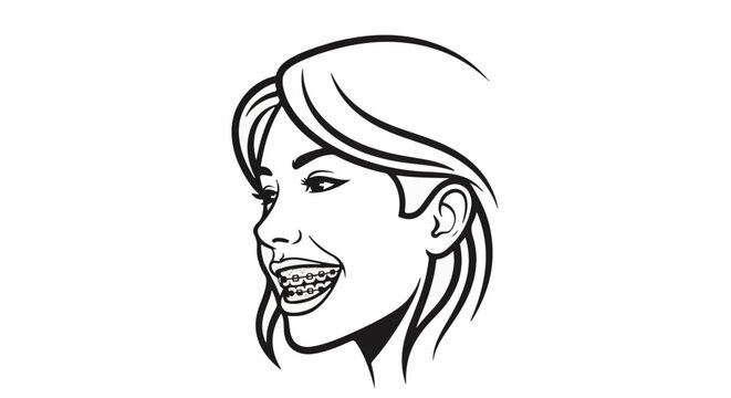 A stylized black and white illustration of a woman's head in profile, smiling with braces