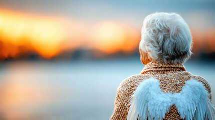 Fototapeta premium Elderly woman with angel wings gazes at a sunset by the water
