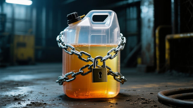 Fuel container wrapped with chain highlighting restriction shortage concept and industrial crisis theme with dramatic lighting and locked resource symbolism