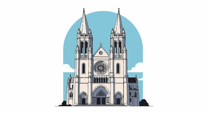A stylized, front-facing view of a grand cathedral with two tall spires, a rose window, and arched entrances