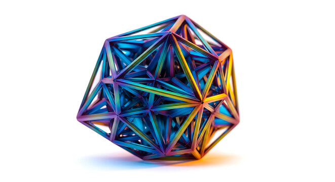 Iridescent geometric polyhedron structure with intricate metallic framework, science and technology concept