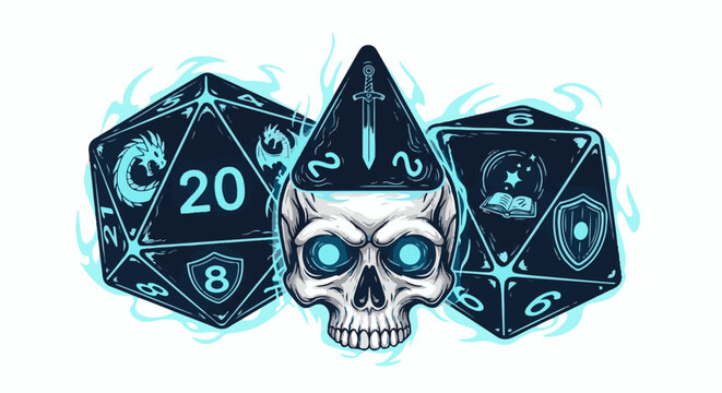 A skull with glowing eyes wears a wizard hat, surrounded by fantasy dice and magical energy