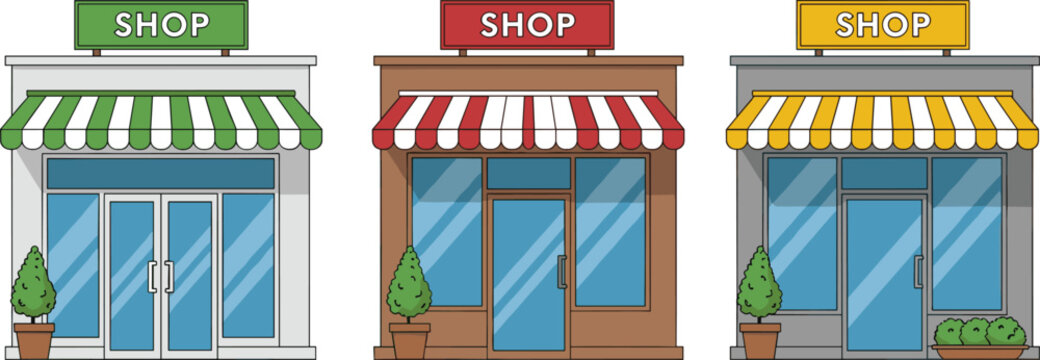 Colorful shop storefront set with awnings retail store building vector illustration