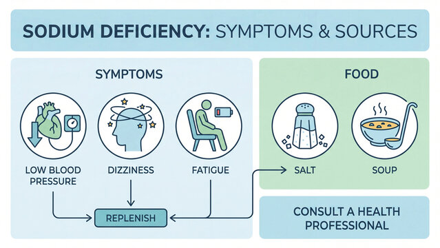 Sodium deficiency symptoms including low blood pressure dizziness and fatigue with dietary food sources such as salt and soup for electrolyte replenishment and health