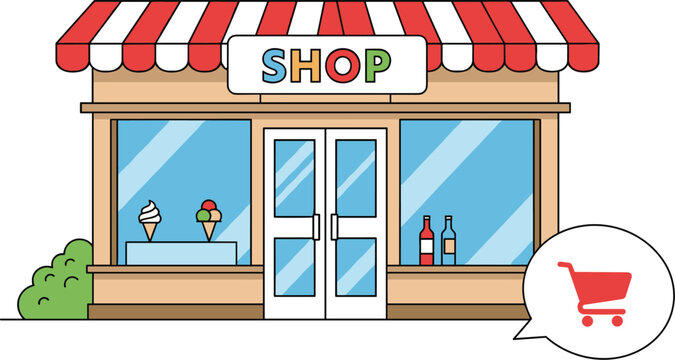 Cute shop storefront with shopping cart icon retail store facade vector illustration