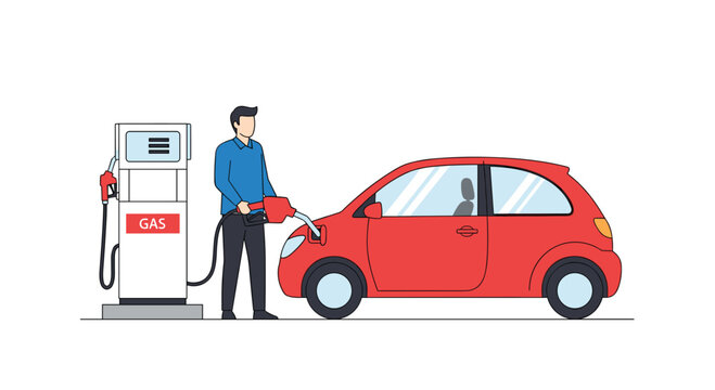 A focused man in a blue button-down shirt carefully refills a vibrant red hatchback car with fuel at a modern white gas station pump on white ground.