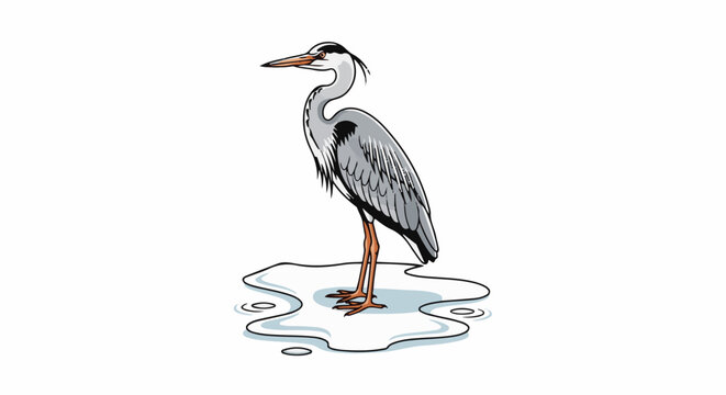 A stylized grey heron with orange legs stands on a patch of rippling water